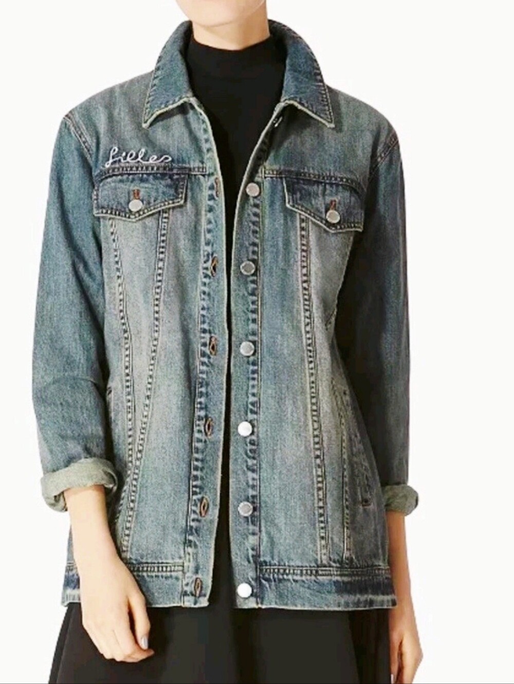 Avec Les Filles Anthropologie Vintage Blue Longline Follow Me Jean Jacket S